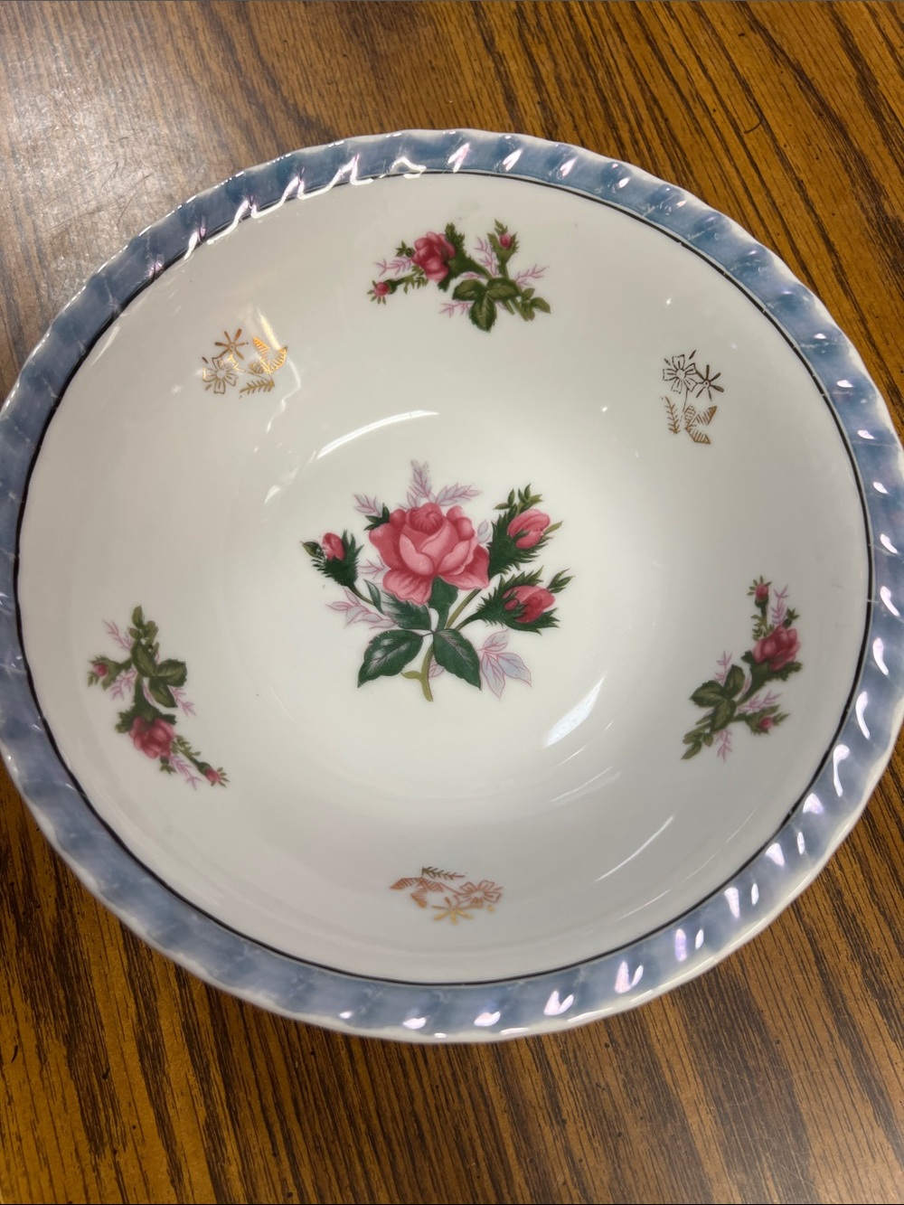 Porcelain Floral Serving Bowl in Pink and Green with Blue Rim